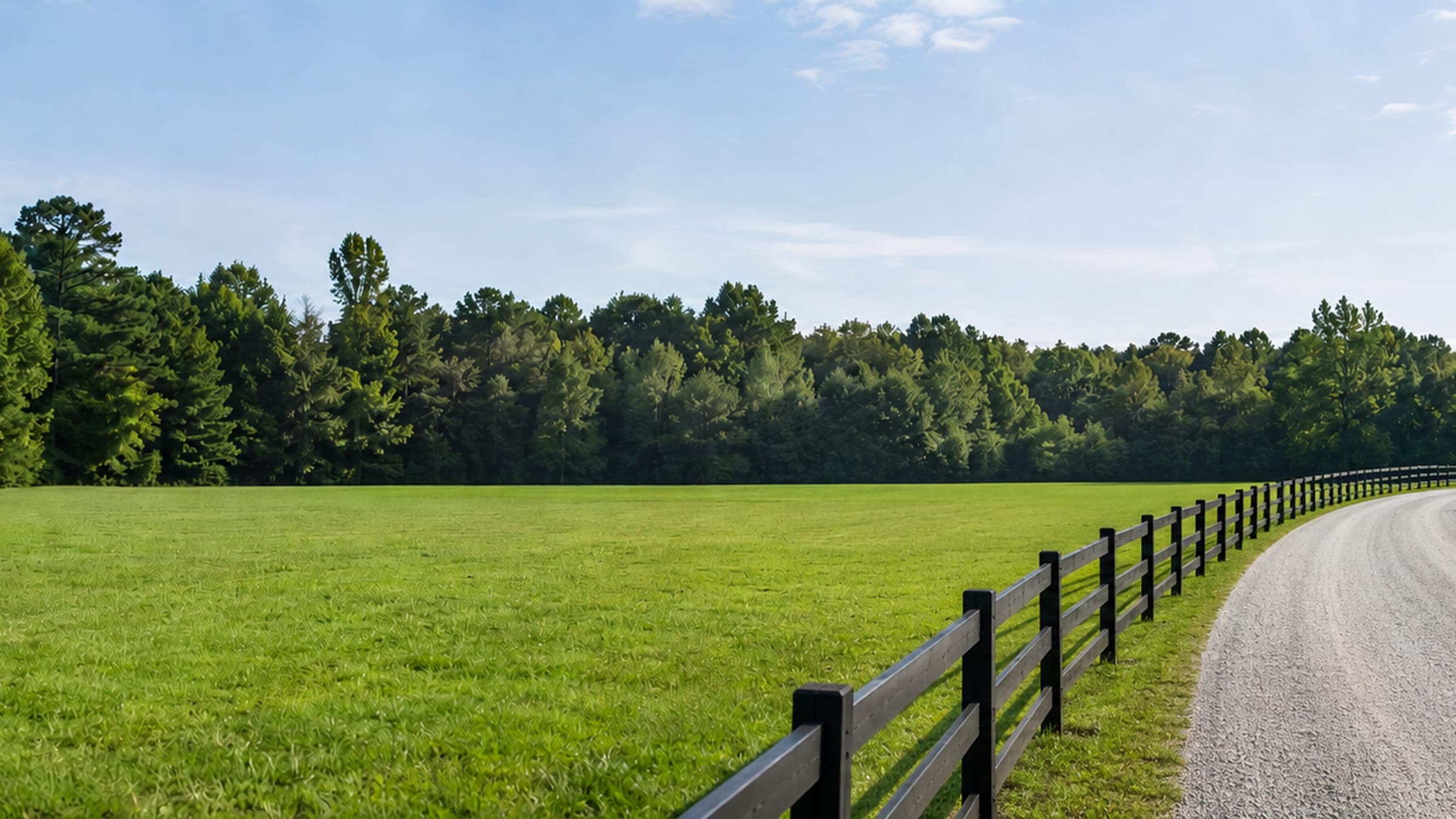 Open rural field, fence line, and gravel drive under a clear sky in Upstate South Carolina